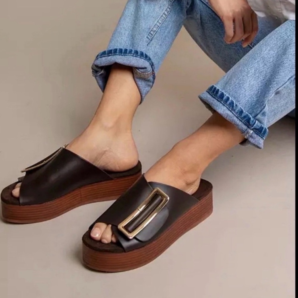 Kelsi Dagger Brown Leather Platform Slide with Gold Buckle